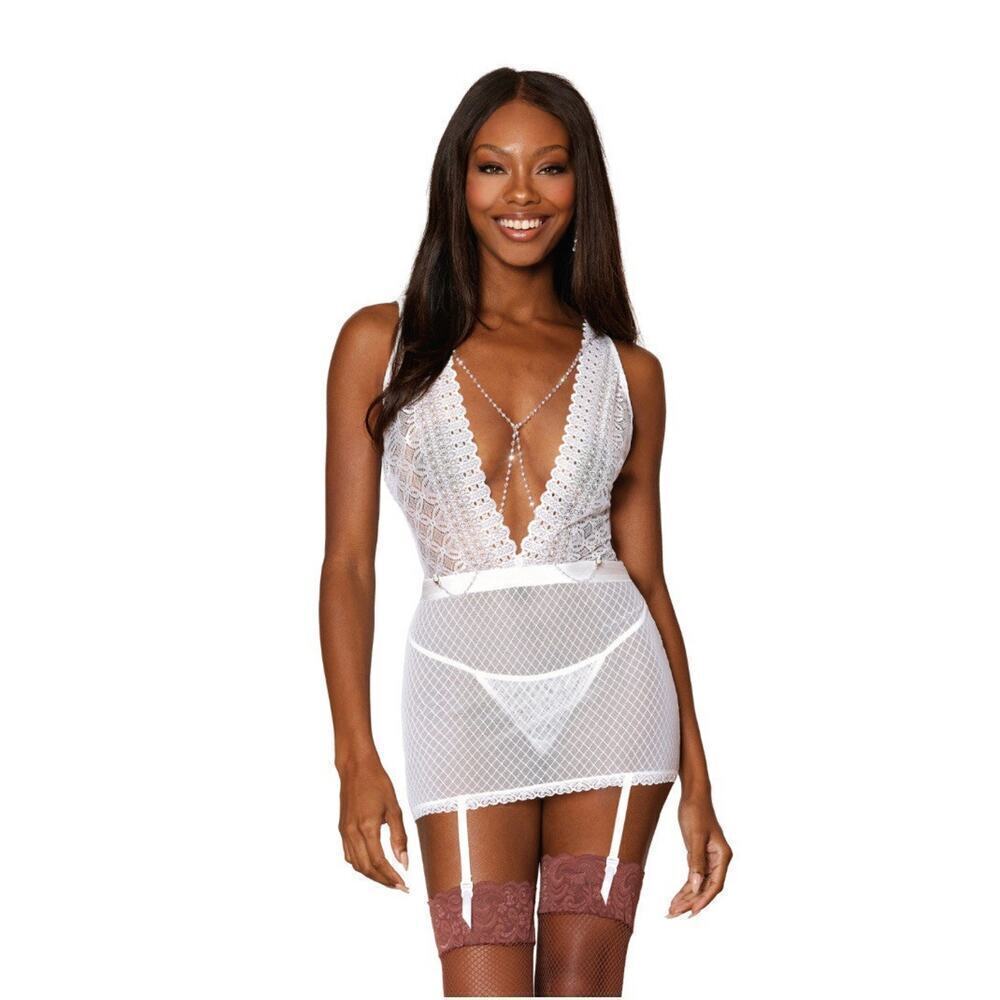 🦋B2G1🦋DREAMGIRL Lace & Diamond Mesh Garter Slip & G-String With Silver Hardware
